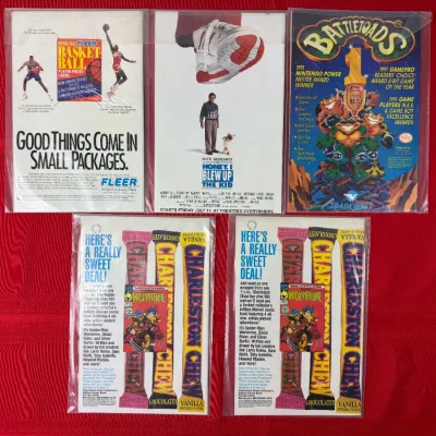 Sale Photo Thumbnail #767: Group of five vintage 1990s bagged comic books displaying retro back cover advertisements including Fleer Basketball, Honey I Blew Up the Kid, Battletoads, and Charleston Chew.