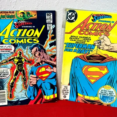 Sale Photo Thumbnail #789: Two vintage DC Action Comics featuring Superman, including issue #525 from November 1981 and issue #581 from July 1986.
