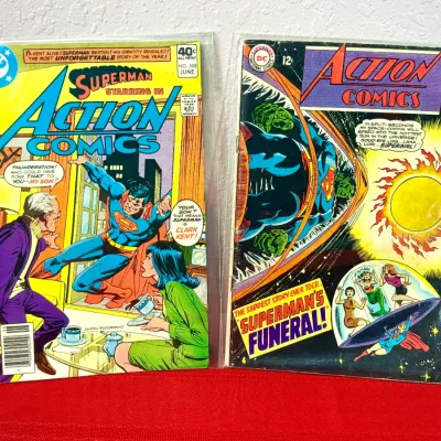 Sale Photo Thumbnail #790: Two vintage DC Action Comics featuring Superman, including issue #365 from July 1968 and issue #508 from June 1980, both individually bagged for protection.