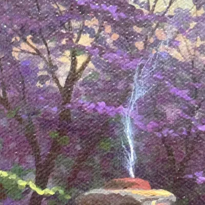 Sale Photo Thumbnail #831: Impressionist-style oil painting detail depicting a brick chimney emitting a plume of smoke against a backdrop of vibrant purple blooming trees.