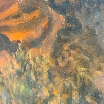 Sale Photo Thumbnail #112: Close-up detail of an vintage oil painting on textured canvas, showing expressive brushstrokes in warm orange, brown, and dark tones with visible surface scratches.