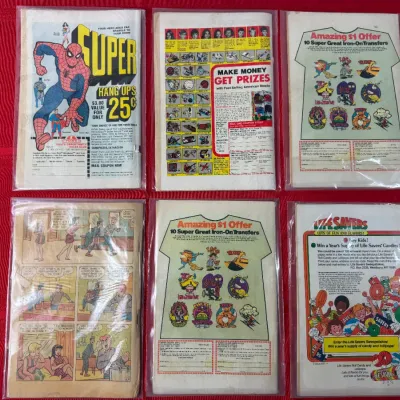 Sale Photo Thumbnail #748: Collection of six vintage comic books individually bagged and boarded, showing various back cover advertisements.