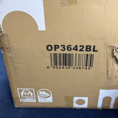 Sale Photo Thumbnail #919: Large cardboard shipping box labeled OP3642BL with barcode and handling symbols.