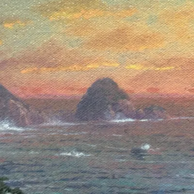 Sale Photo Thumbnail #828: Close-up detail of an impressionist oil painting depicting a coastal sunset over rocky ocean waters.