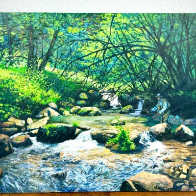 Sale Photo Thumbnail #453: Unframed landscape painting on textured board depicting a fly fisherman wading in a rocky forest stream, signed and dated '03.