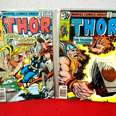 Sale Photo Thumbnail #793: Two vintage Marvel comic books, featuring The Mighty Thor issues #280 (February 1979) and #281 (March 1979), bagged and boarded.
