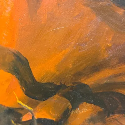 Sale Photo Thumbnail #113: Close-up detail of an expressionist oil painting featuring textured brushstrokes in shades of orange, brown, and yellow.