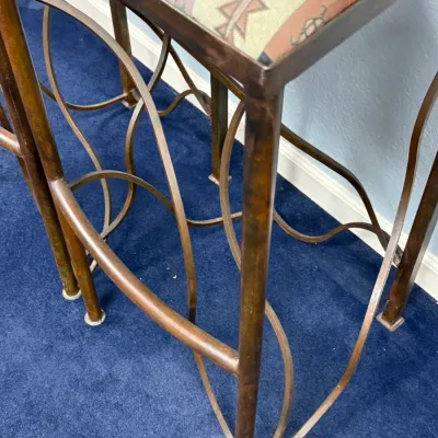 Sale Photo Thumbnail #307: Modern wrought iron bar stool featuring a rustic bronze finish, curved scroll accenting, and a Southwestern-style patterned fabric seat cushion.