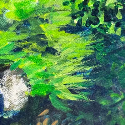 Sale Photo Thumbnail #462: Close-up detail of an impressionistic oil or acrylic landscape painting on textured canvas, featuring vivid green foliage and brushstrokes.