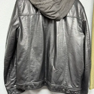 Sale Photo Thumbnail #884: Men's black faux leather jacket with an attached grey knit hood, shown from the back.