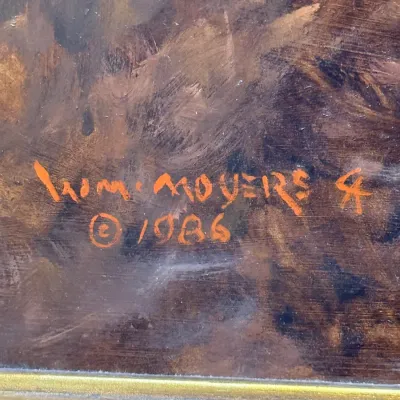 Sale Photo Thumbnail #107: Close-up detail of an artist's signature on an oil painting, signed and dated 1986.