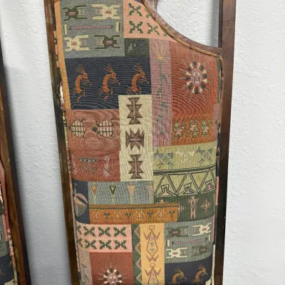 Sale Photo Thumbnail #304: Southwestern-style high-back accent chair featuring a metallic copper-finish wooden frame and Kokopelli tribal tapestry upholstery.