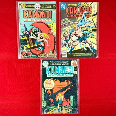 Sale Photo Thumbnail #80: Trio of vintage DC Kamandi: The Last Boy on Earth comic books, including issues #14, #20, and #50, individually bagged and boarded.