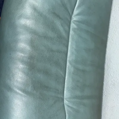 Sale Photo Thumbnail #239: Close-up of a sage green leather upholstered sofa or chair cushion showing natural creasing and slight surface wear.