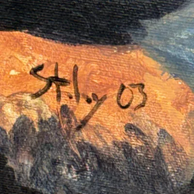 Sale Photo Thumbnail #460: Close-up of an artist signature reading 'St. Ivy 03' on textured canvas.