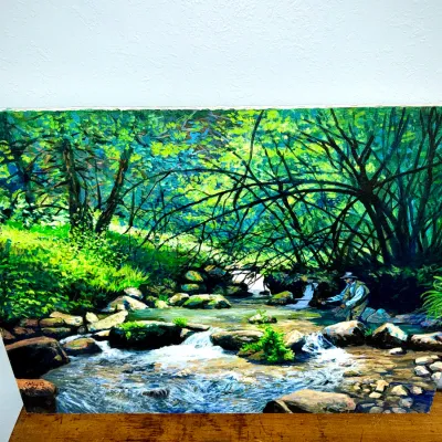 Sale Photo Thumbnail #455: Unframed acrylic landscape painting depicting a fly fisherman in a lush, wooded stream, signed in the lower left corner.