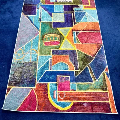 Sale Photo Thumbnail #725: Contemporary abstract area rug featuring vibrant geometric shapes and musical motifs, including a guitar, keyboard, and drum.