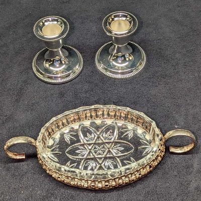 Sale Photo Thumbnail #291: Vintage Silverplate Tidbit Handled Dish & Silvertone Candleholders