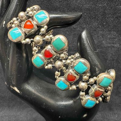 Sale Photo Thumbnail #132: Red Agate and Turquoise Natural Stone Flexible Sterling Silver Stretch Bracelet
