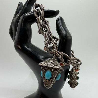 Sale Photo Thumbnail #303: Heart Filigree Ornate Fob Charm 800 Silver Bracelet Coral Accents ER82