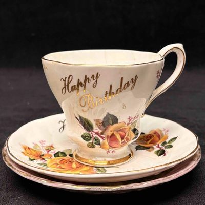 3pc Vintage Royal Grafton Happy Birthday Finebne Teacup and Saucer China