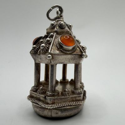 Sale Photo Thumbnail #309: Green and Orange Agate Gazebo Lantern Style Fob Silver Charm ER85