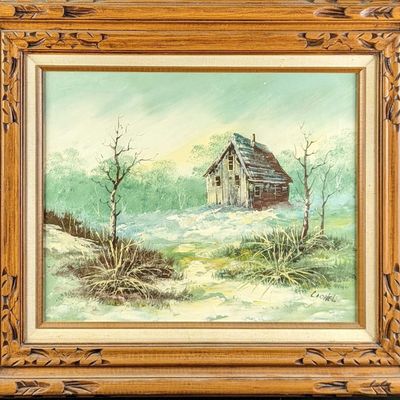 Vintage Framed Acrylic On Canvas Snowy Cabin