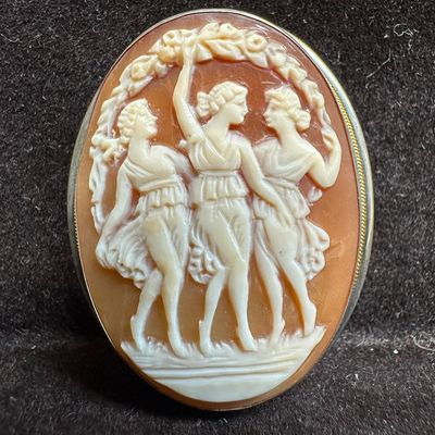 Sale Photo Thumbnail #135: Shell Cameo Carved Brooch Three Graces Greek Style 800 Silver Brooch