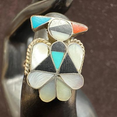 Zuni Native Style MOP Coral Turquoise Onyx Inlay Thunderbird Silver Ring