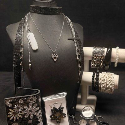 17pc Black White and Silver Rebels Regalia Costume Jewelry Collection
