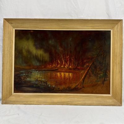 Sale Photo Thumbnail #236: Martha Helen Williams Forest Fire and Deer Oil on Velvet Painting Original Signed