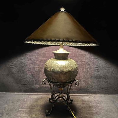 Sale Photo Thumbnail #210: Maitland Smith Lamp Interwoven Leather Shade and Rustic Metal Base Home Decor