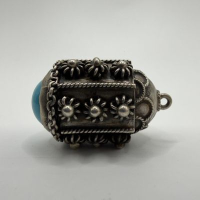 Sale Photo Thumbnail #304: Faux Turquoise Etruscan Revival Style Pendant Fob Charm Unmarked Silver