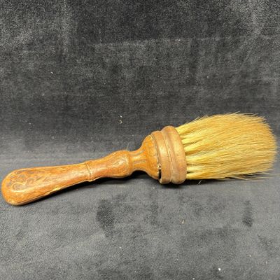 Sale Photo Thumbnail #239: Antique Barber Rotating Shaving Neck Brush Duster with Carved Wooden Handle