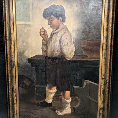 Sale Photo Thumbnail #158: David Forrester Wilson Original Oil On Canvas Smoking Boy R34