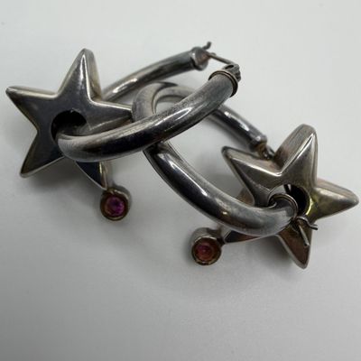 Silver Hoop Earrings with Star Pink Rhinestone HH21