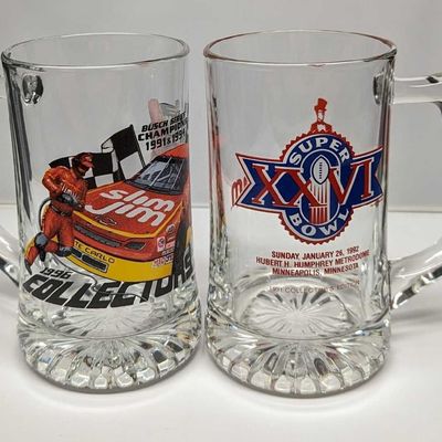 Sale Photo Thumbnail #111: 2 Large Glass Slim Jim Super Bowl & Busch Series Mugs