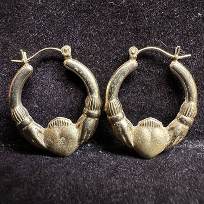 Sale Photo Thumbnail #143: Irish Claddagh Hoop 14K Gold Earrings