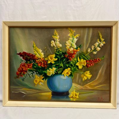 Sale Photo Thumbnail #237: 1958 Signed Floral Still Life Oil Painting Unknown Artist Artwork