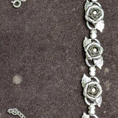 Vintage Silver Tone Rhinestone Roses Bracelet