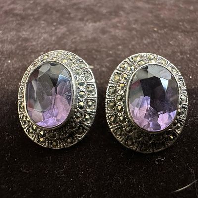 Sale Photo Thumbnail #161: Amethyst Setting and Marcasite Encrusted 925 Sterling Clip On Earrings R5