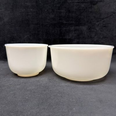 Sale Photo Thumbnail #240: Two Vintage Glasbake White Milk Glass Mixing Bowls Mixmaster Bowl Set