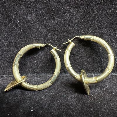 Sale Photo Thumbnail #150: 14K Yellow Gold Textured Hoop Earrings with Heart Dangle Accent