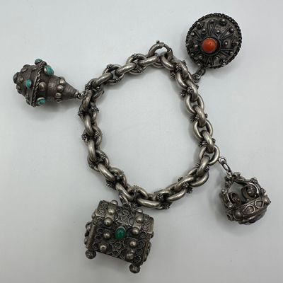 Sale Photo Thumbnail #332: Etruscan Revival Style Ornate Cabochon Stone Trinket Box Charm 800 Silver Bracelet X64