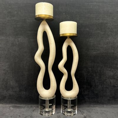 Sale Photo Thumbnail #224: Modern Sculptural Stone Composite and Crystal Glass Candle Holders with Brass Accents Pair
