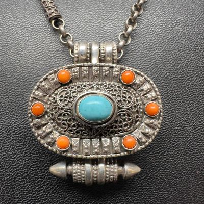 Tibetan Gau Prayer Pill Trinket Box Pendant Sterling Silver Turquoise Red Coral Necklace