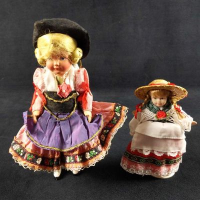 Two Vintage Little Girl Dolls With Hats