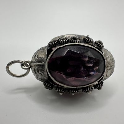 Sale Photo Thumbnail #335: Purple Glass Ornate Fob Filigree Silver Charm Floral Motifs X57