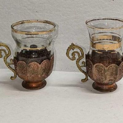 Sale Photo Thumbnail #305: 3 Vintage Copper And Brass Glass Cups & One Glass Cup
