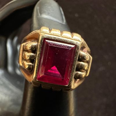 Sale Photo Thumbnail #146: Unmarked 10k Gold Lab Grown Ruby Ring Size 8